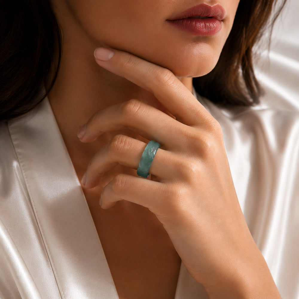 Natural Blue Green Jadeite Water Ripple Ring Sculpted Wave Design