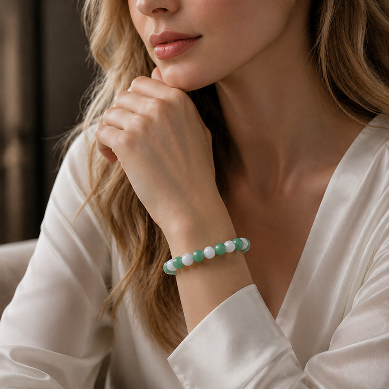 Natural White & Green Jadeite Bead Bracelet – 6mm 8mm 10mm