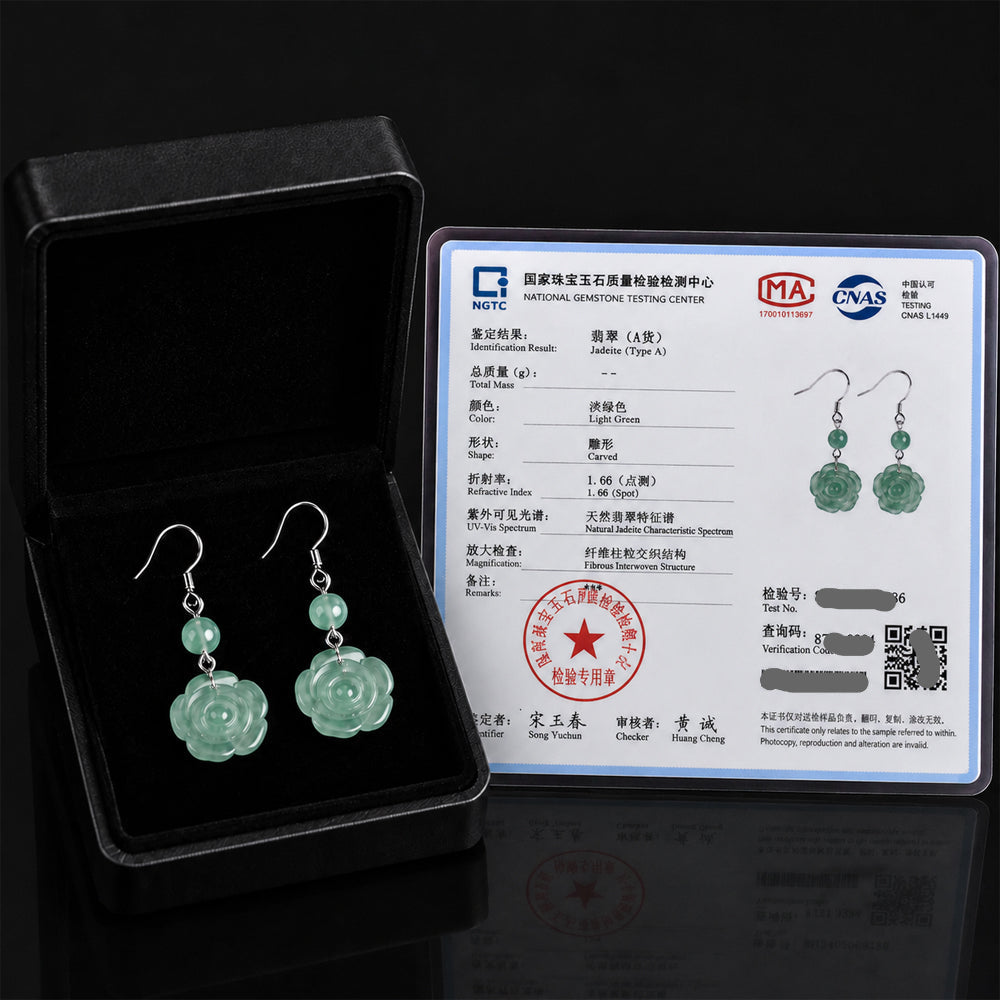 Blue Green Jadeite Rose Drop Earrings in S925 Silver