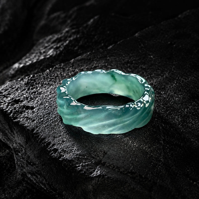 Natural Blue Green Jadeite Water Ripple Ring Sculpted Wave Design