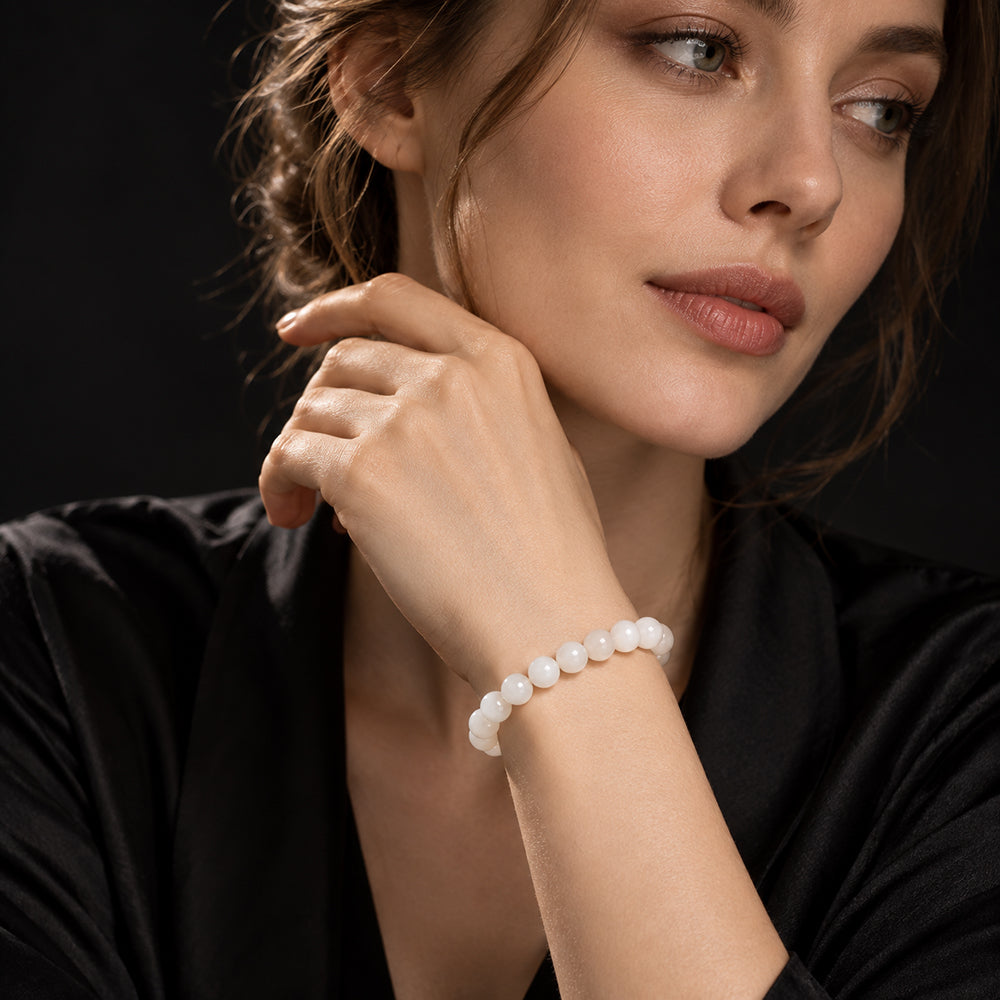Natural White Nephrite Jade Bead Bracelet