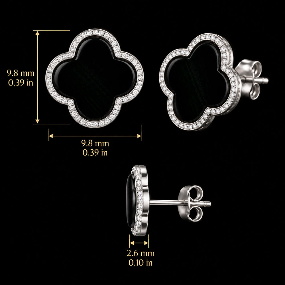 Natural Black Jadeite Clover Stud Earrings in S925 Silver