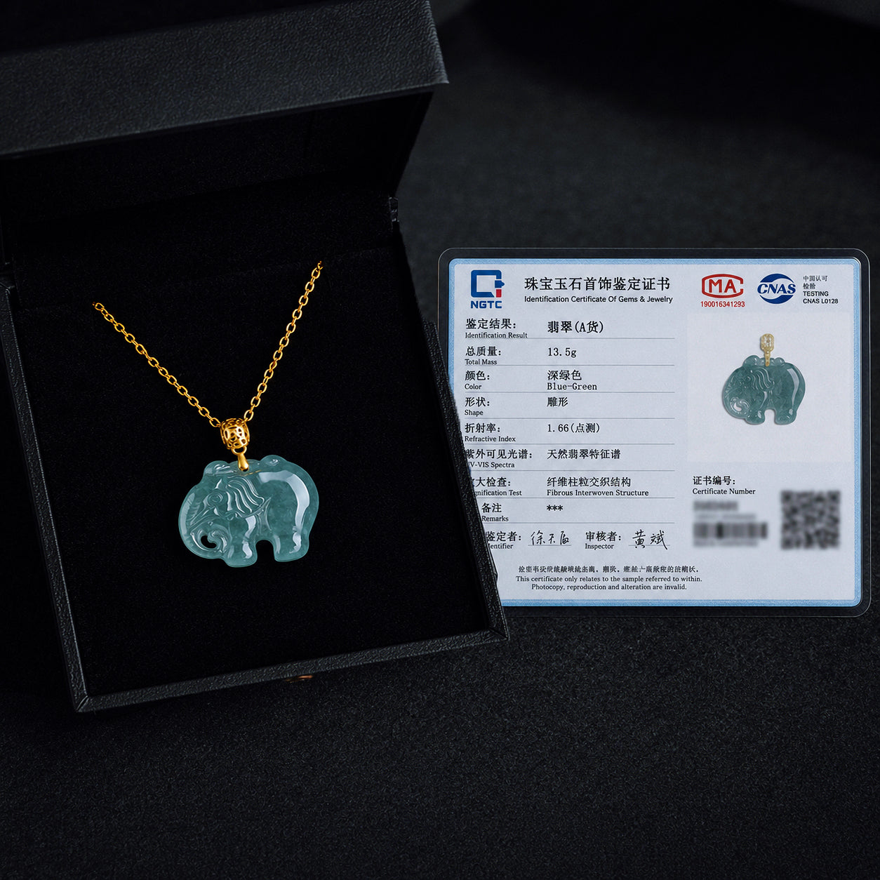 Real Blue Jadeite Elephant Pendant Necklace – 925 Silver Chain 46CM, 18K Gold Clasp