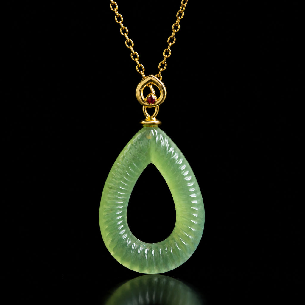 Natural Green Jade Feng Shui Ripple Teardrop Necklace for Women – S925 Silver & 18K Gold, Symbol of Serenity & Good Luck