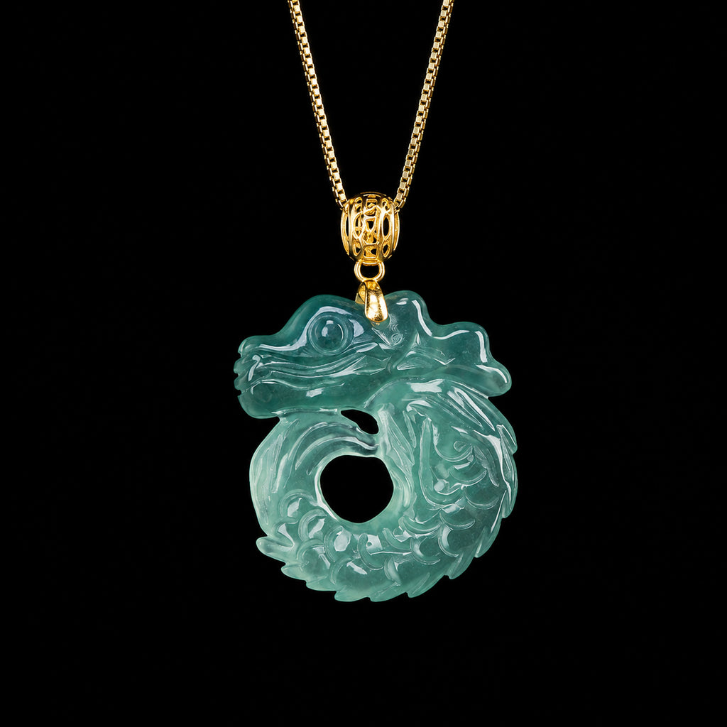 Natural Blue Jadeite Dragon Fish Pendant Necklace, 18K Gold Bail, 925 Sterling Silver Chain 46cm
