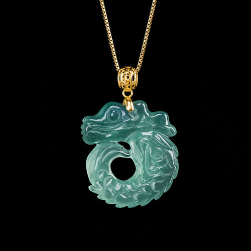 Blue green jadeite dragon fish pendant necklace with gold chain