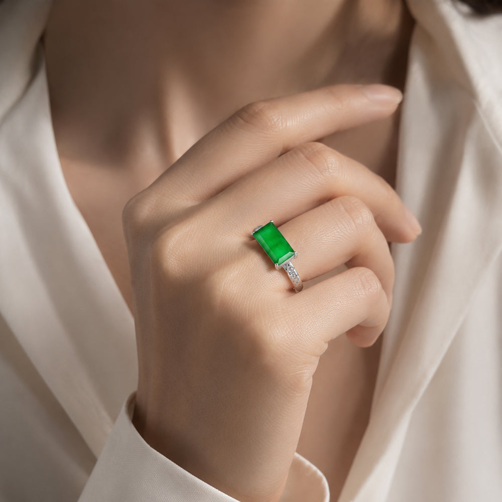 Natural Green Jadeite Saddle Ring Adjustable S925 Silver Jewelry