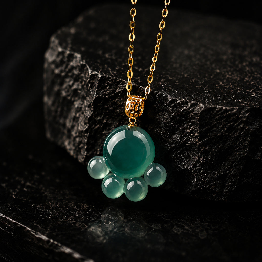 Real Blue Jadeite Cat Paw Pendant Necklace – 925 Silver Chain 45CM, 18K Gold Clasp