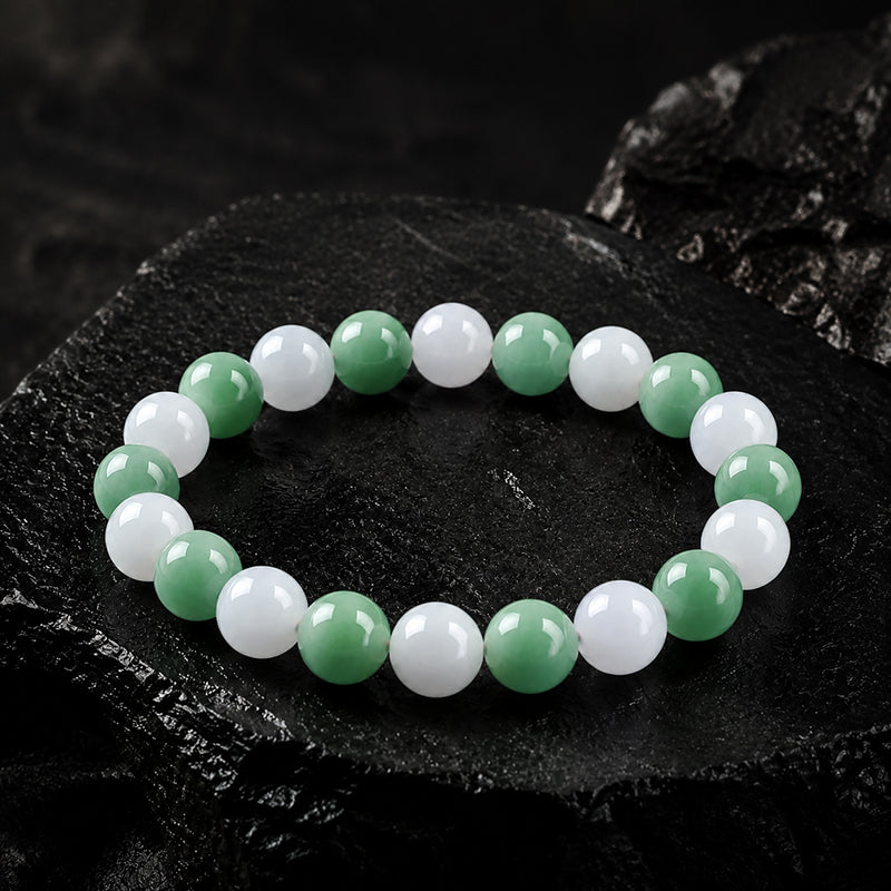 Natural White & Green Jadeite Bead Bracelet – 6mm 8mm 10mm