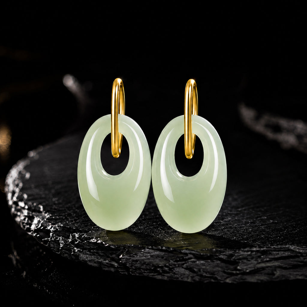 Natural Light Green Jadeite Oval Donut Drop Earrings