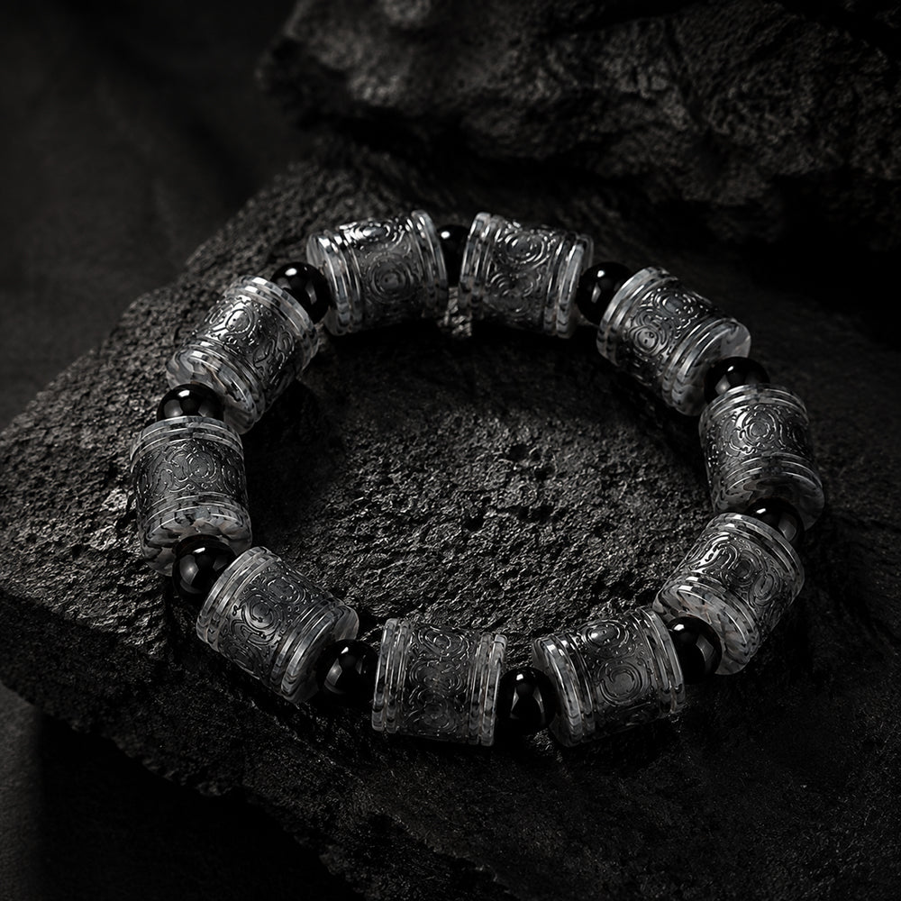 Natural Black Jadeite Carved Barrel Bead Bracelet for Men