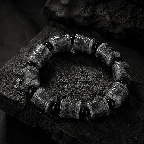 Black Jadeite Jade Carved Barrel Bead Bracelet