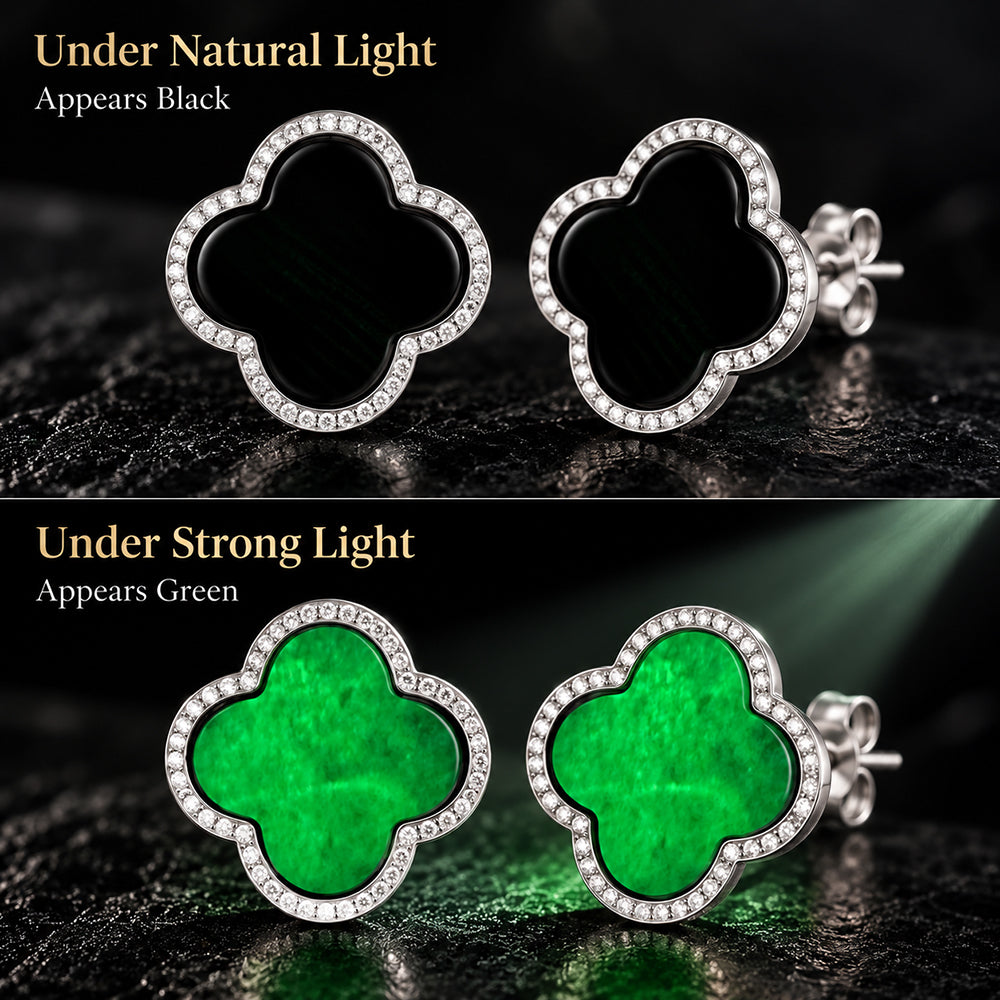 Natural Black Jadeite Clover Stud Earrings in S925 Silver