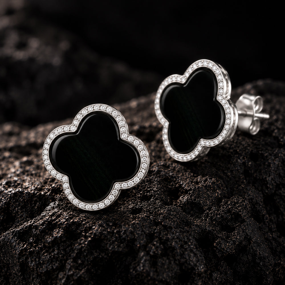 Natural Black Jadeite Clover Stud Earrings in S925 Silver