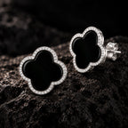 Natural Black Jadeite Clover Stud Earrings in S925 Silver