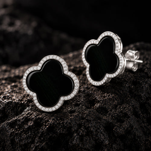 Black Jadeite Jade Clover Halo Stud Earrings