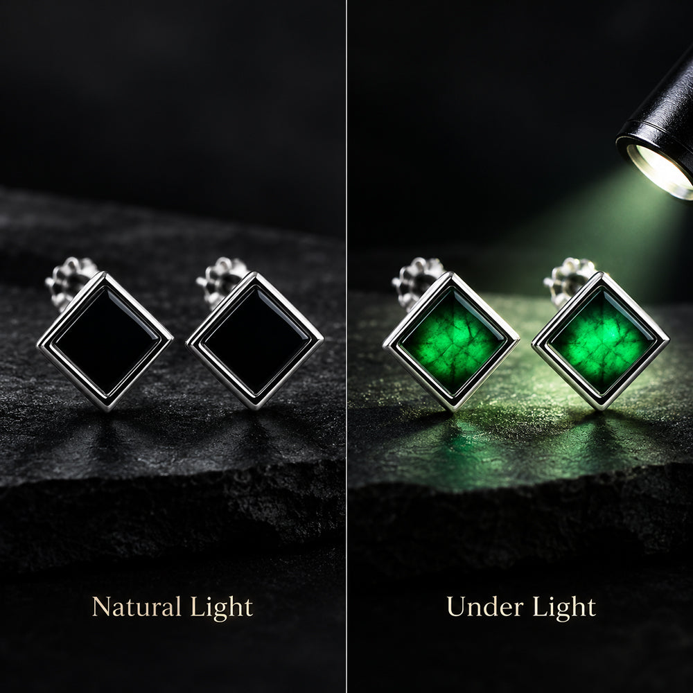 Natural Black Jadeite Square Stud Earrings in Sterling Silver