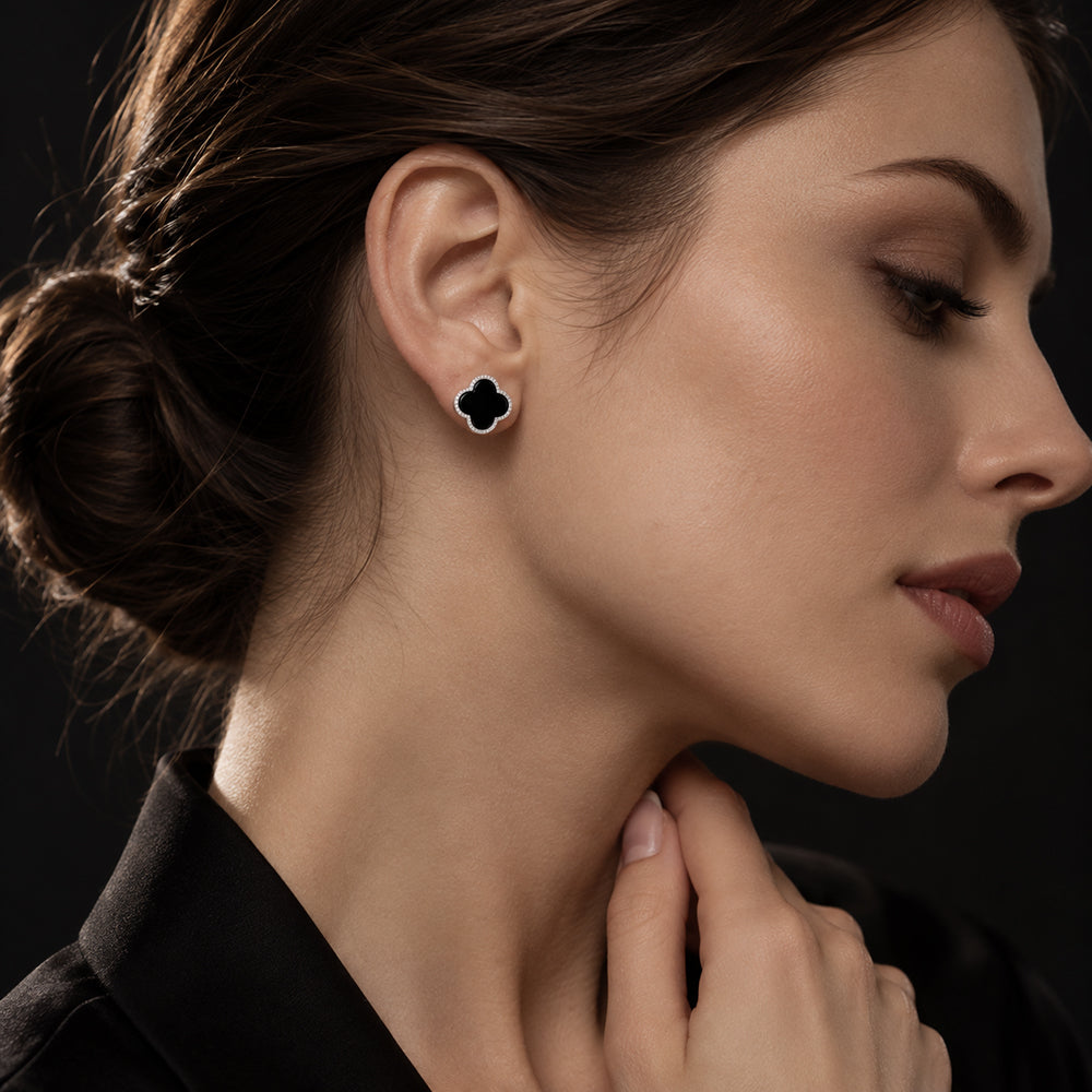 Natural Black Jadeite Clover Stud Earrings in S925 Silver
