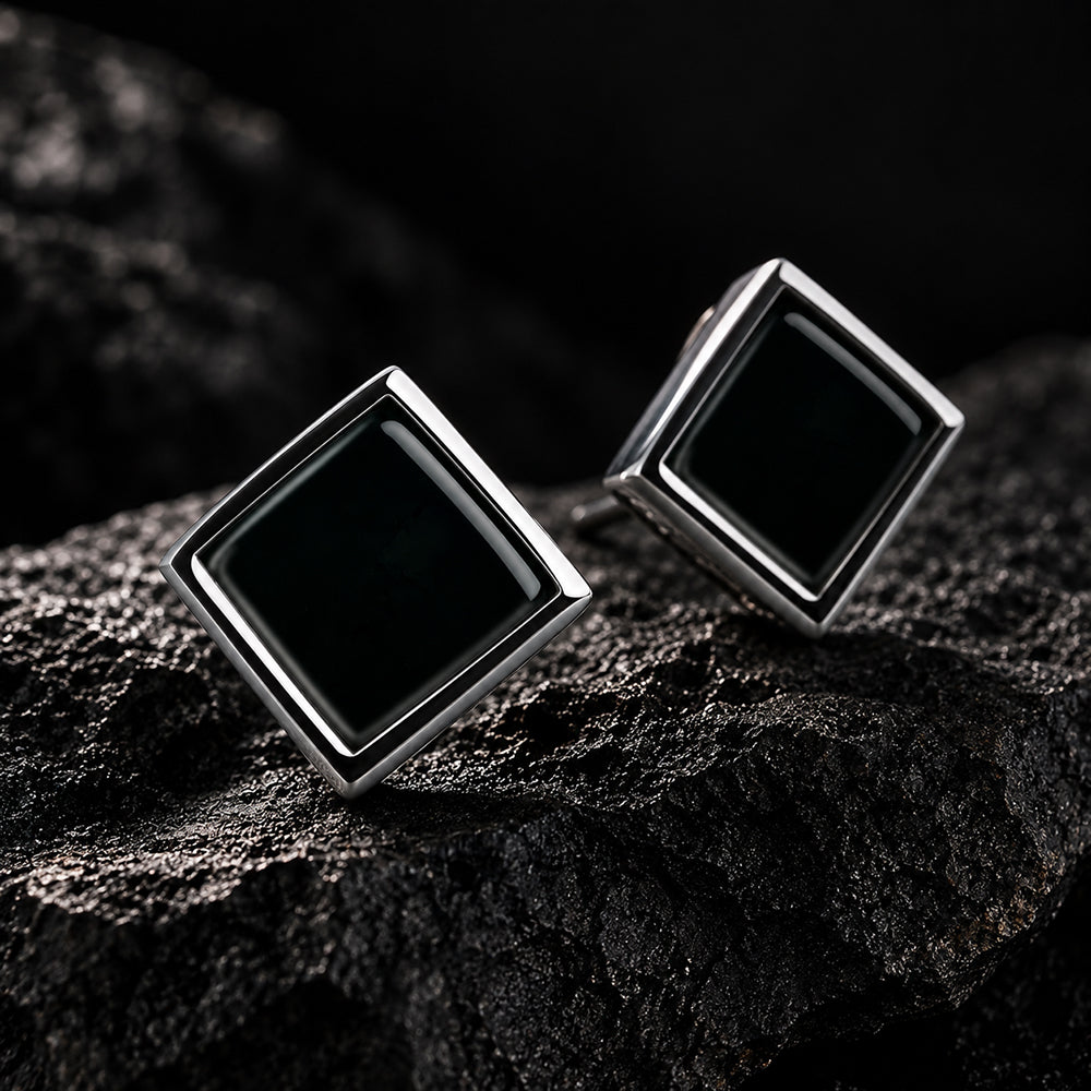 Natural Black Jadeite Square Stud Earrings in Sterling Silver
