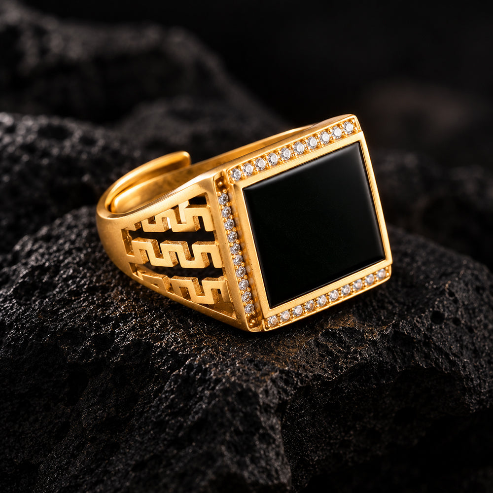 Men's Black Jadeite Signet Ring, Gold-Plated S925 Silver, Adjustable