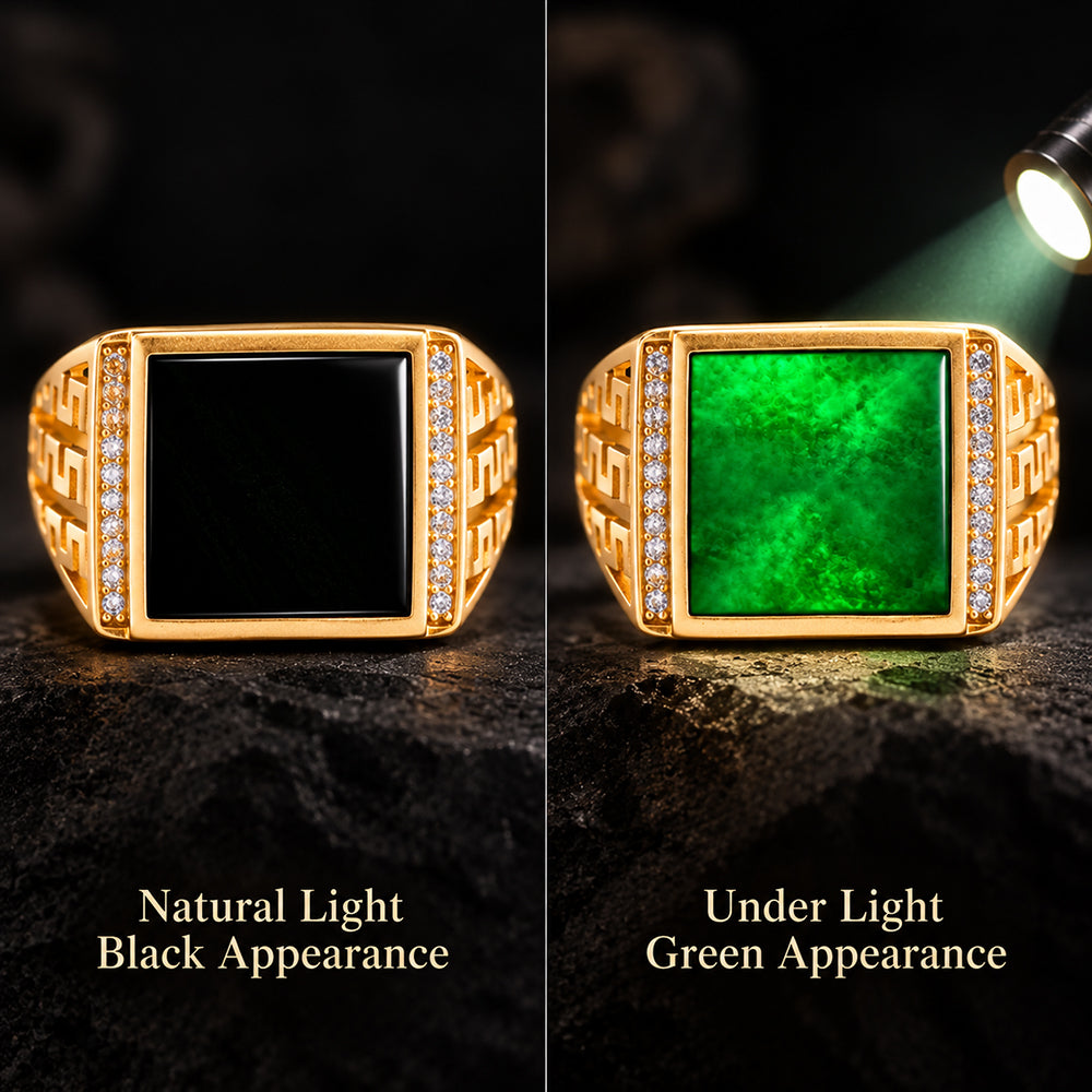 Men's Black Jadeite Signet Ring, Gold-Plated S925 Silver, Adjustable