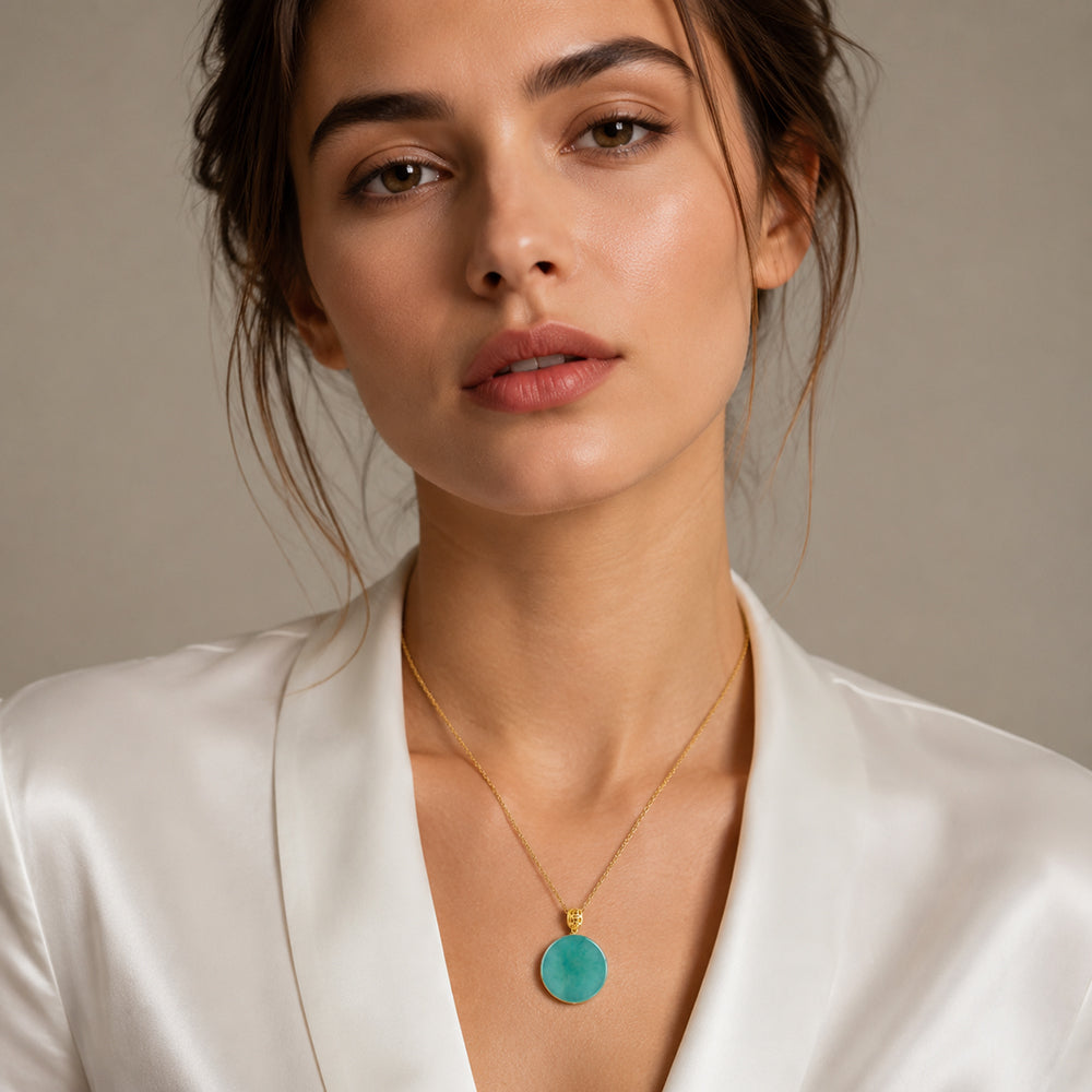 Natural Blue Green Jadeite Round Pendant Necklace 18K Gold Bail S925 Silver Chain