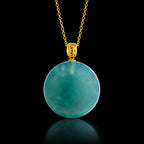 Natural Blue Green Jadeite Round Pendant Necklace 18K Gold Bail S925 Silver Chain