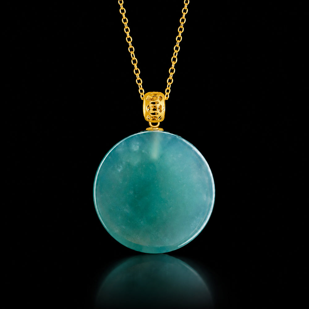 Natural Blue Green Jadeite Round Pendant Necklace 18K Gold Bail S925 Silver Chain