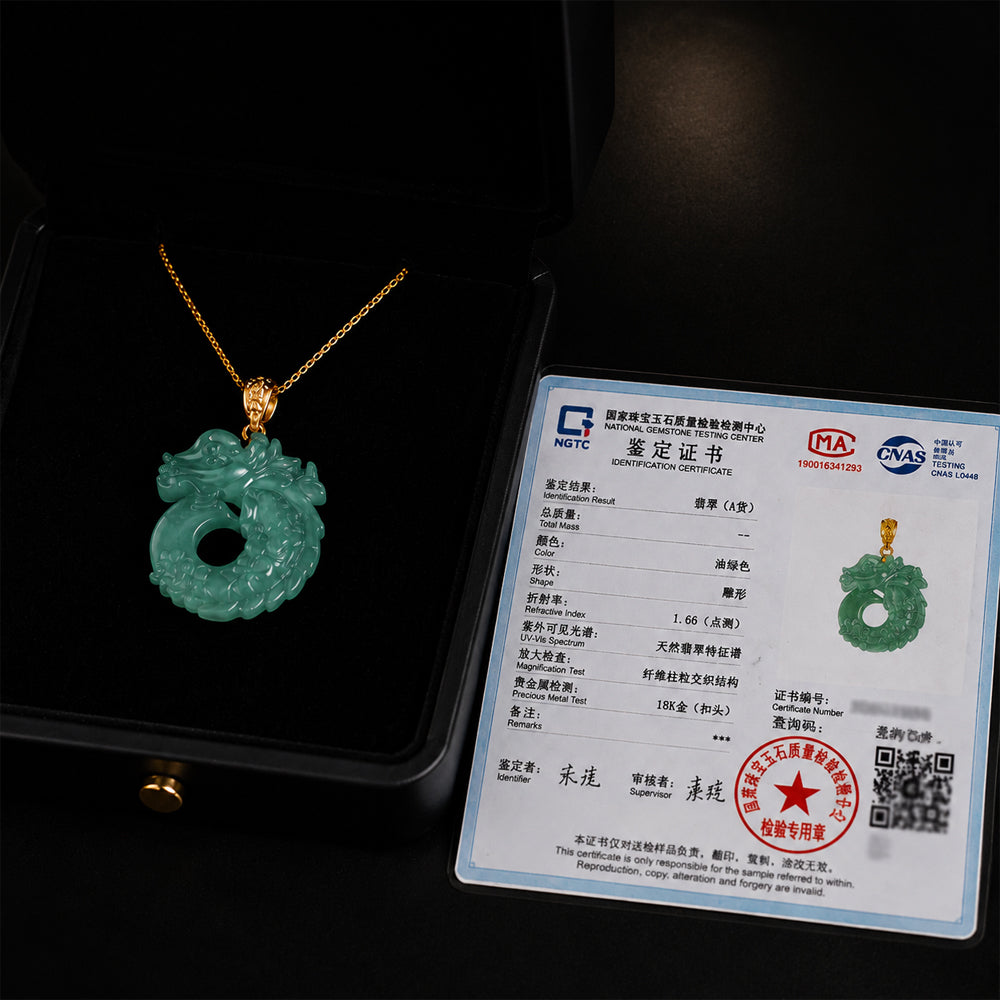 Blue-Green Jadeite Dragon Fish Pendant Necklace with 18K Gold Bail