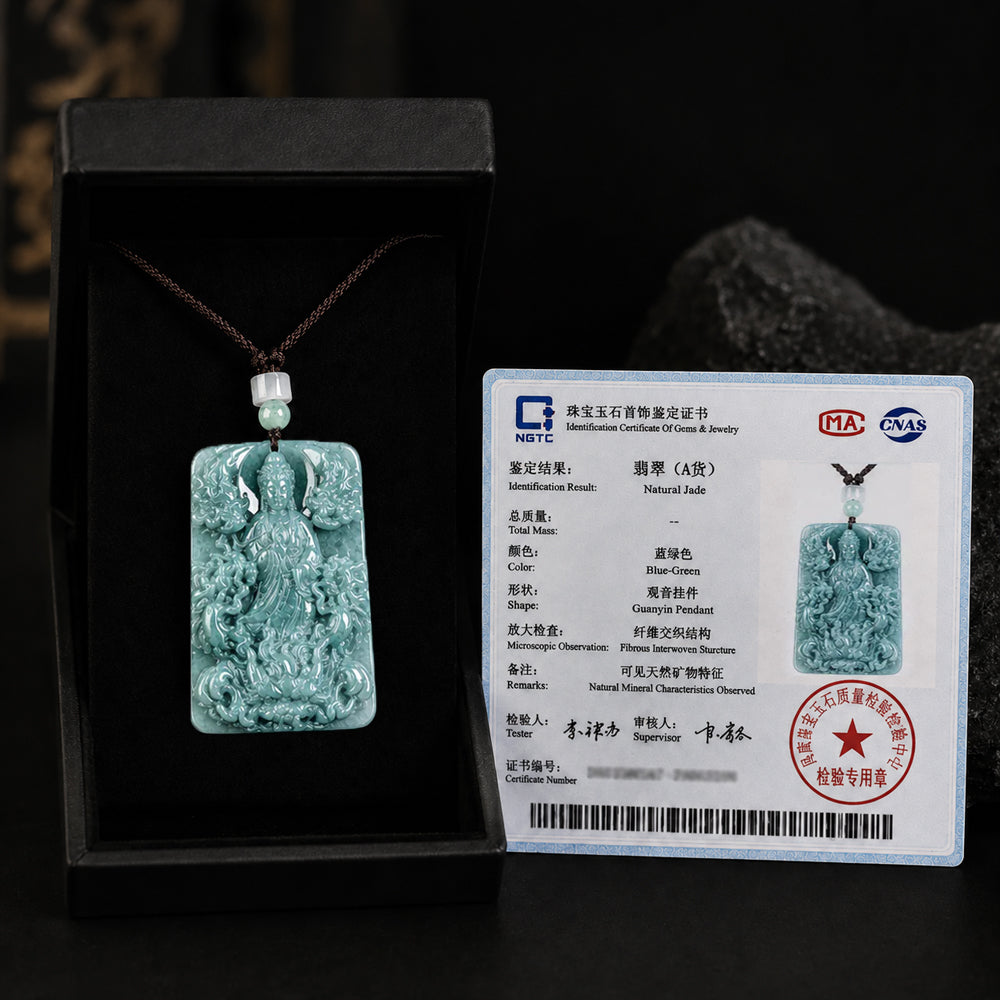 Blue-Green Jadeite Guanyin Plaque Pendant Necklace