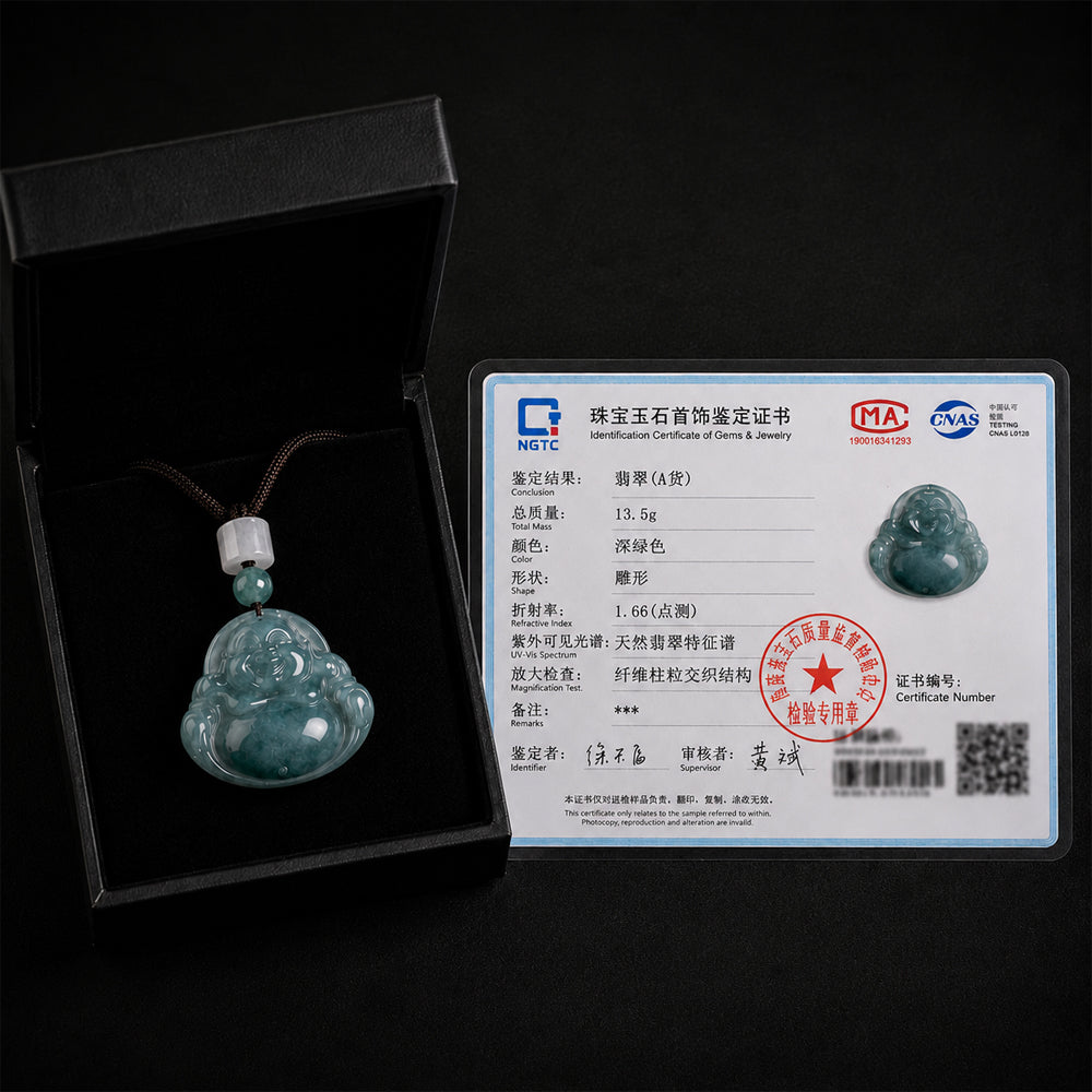 Blue-Green Jadeite Laughing Buddha Pendant Necklace