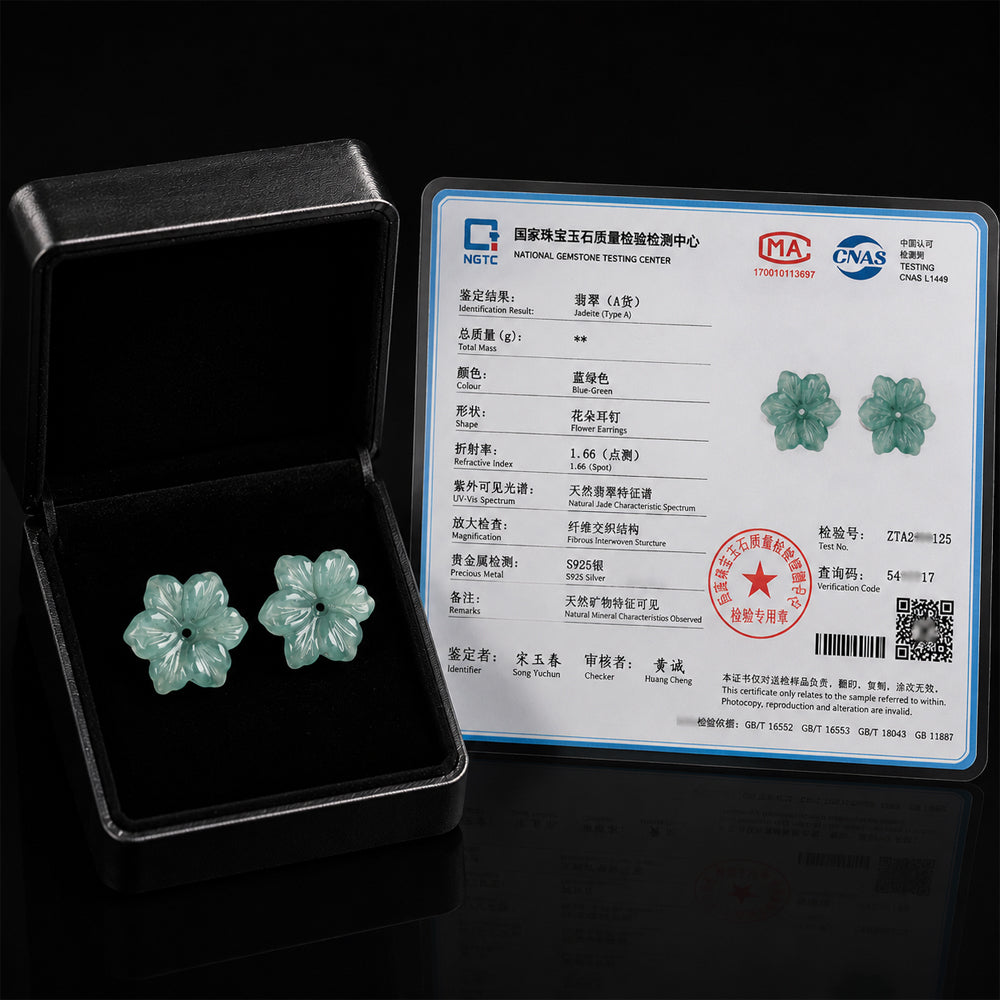 Blue Green Jadeite Flower Stud Earrings in S925 Silver