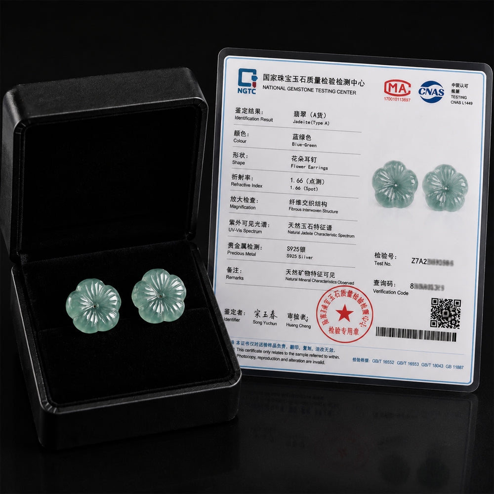 Blue Green Jadeite Plum Blossom Stud Earrings in S925 Silver