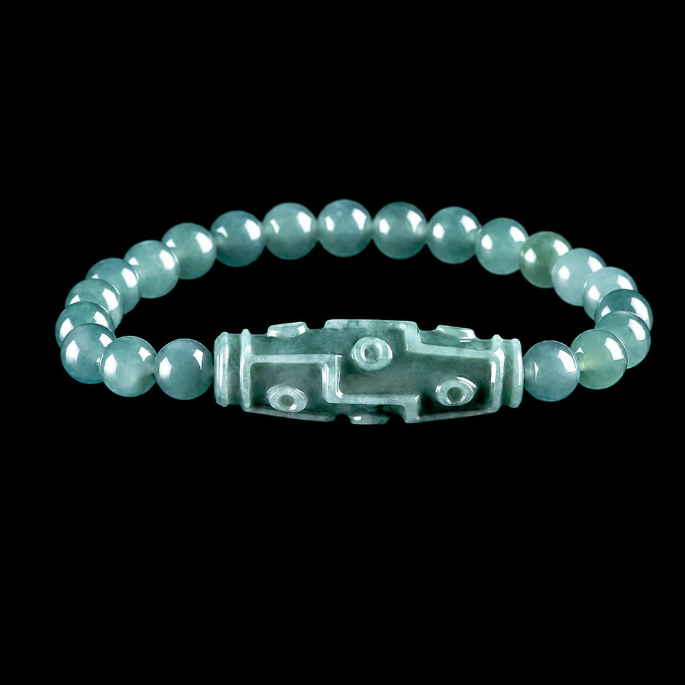 Blue Jadeite Carved Nine-Eyed Dzi Bead Bracelet
