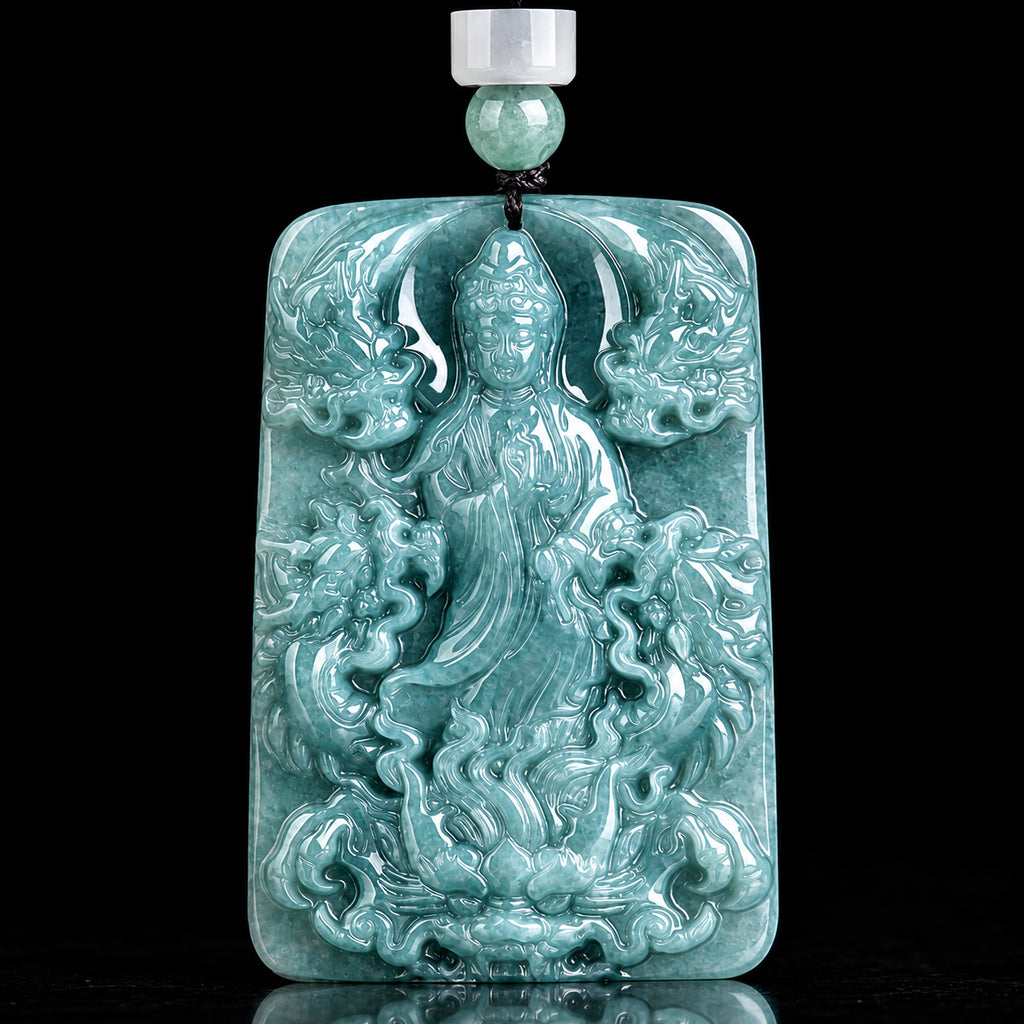 Real Blue Jadeite Carved Guanyin Dragon Pendant Necklace – Natural Jade Jewelry