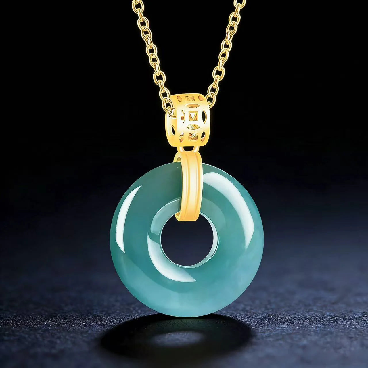 Natural Blue Jadeite Peace Circle Pendant Necklace, S925 Silver 46CM Chain