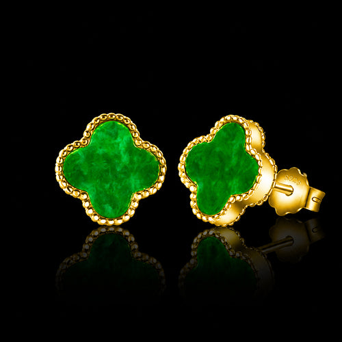 Clover Green Jadeite Jade Stud Earrings, Gold
