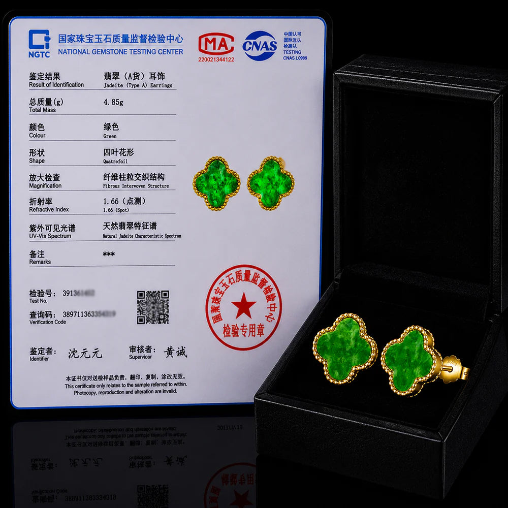 Natural Burmese Green Jadeite Clover Earrings in S925 Silver