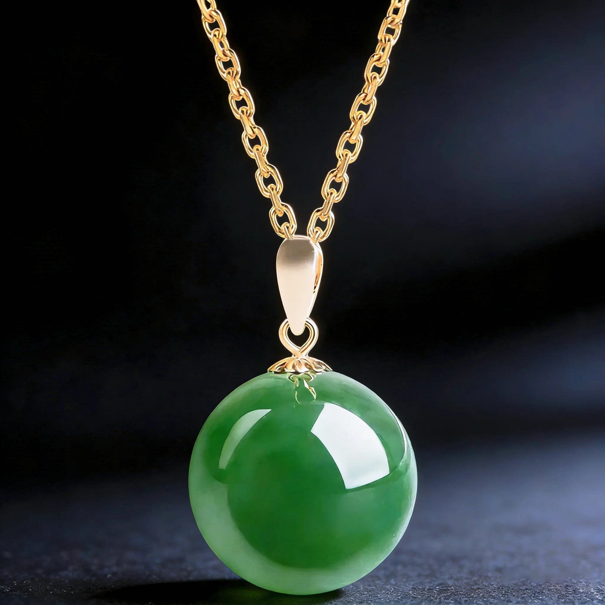 Burmese Green Jade Round Bead Pendant Necklace – 18K Gold Jewelry