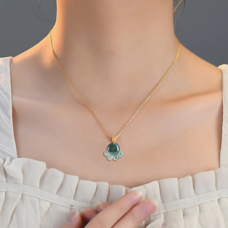 Real Blue Jadeite Cat Paw Pendant Necklace – 925 Silver Chain 46CM, 18K Gold Clasp jade BMjade