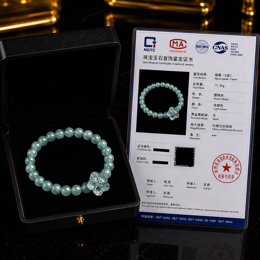 Blue-Green Jadeite Flower Bead Bracelet for Women