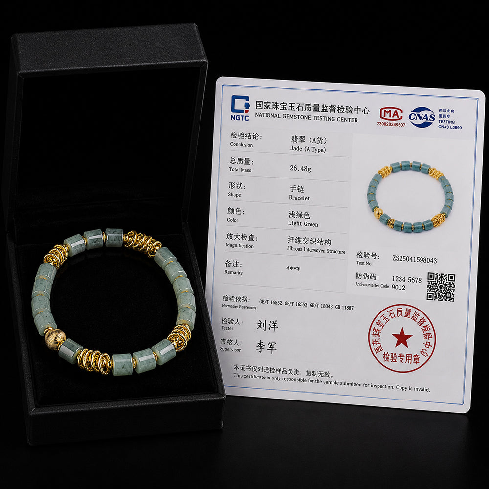 Unisex Blue Green Jadeite Bracelet with Gold Accents