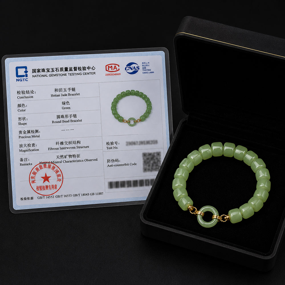 Green Jade Bead Bracelet with Ping An Kou Charm