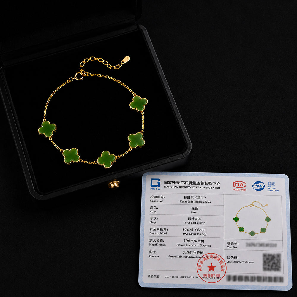 Five Clover Green Jade Bracelet in Gold-Plated S925 Silver