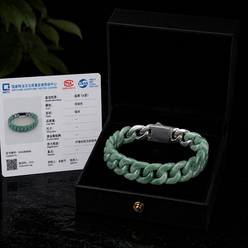 Men’s Green Jadeite Chain Bracelet with Silver Clasp