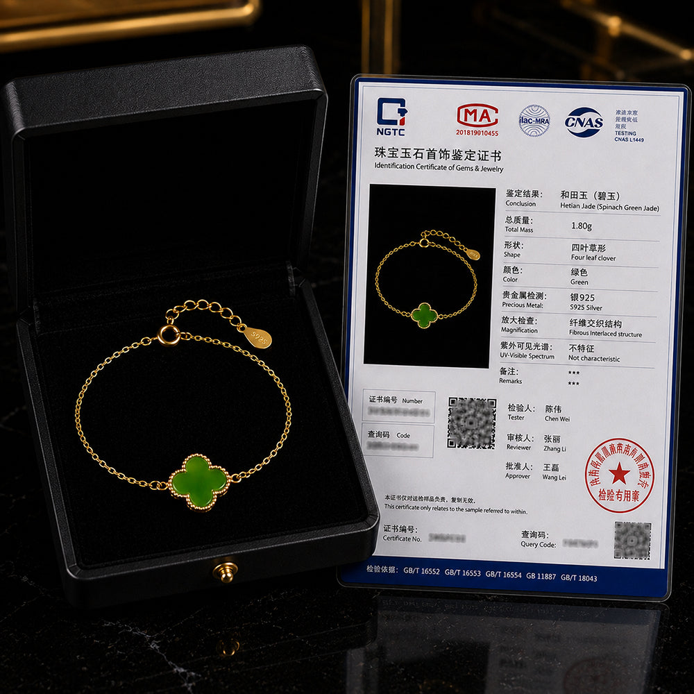 Vivid Green Jade Clover Bracelet in Gold-Plated S925 Silver