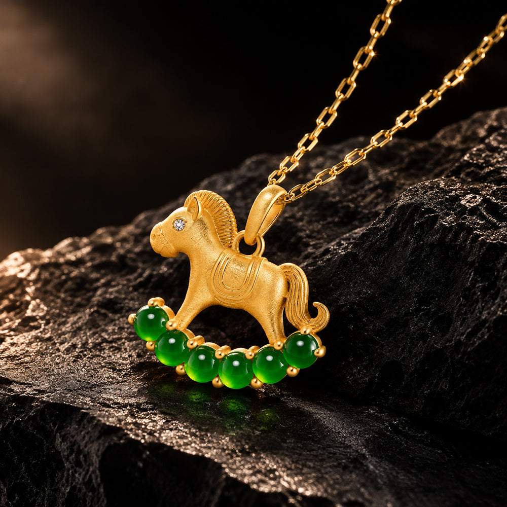 Natural Green Jadeite Rocking Horse Pendant Necklace S925 Silver