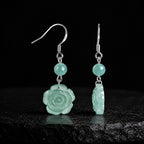 Blue Green Jadeite Rose Drop Earrings in S925 Silver
