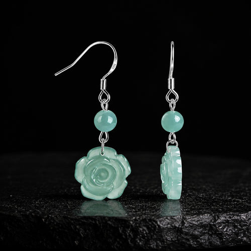 Blue Green Jade Rose Drop Earrings in S925 Silver