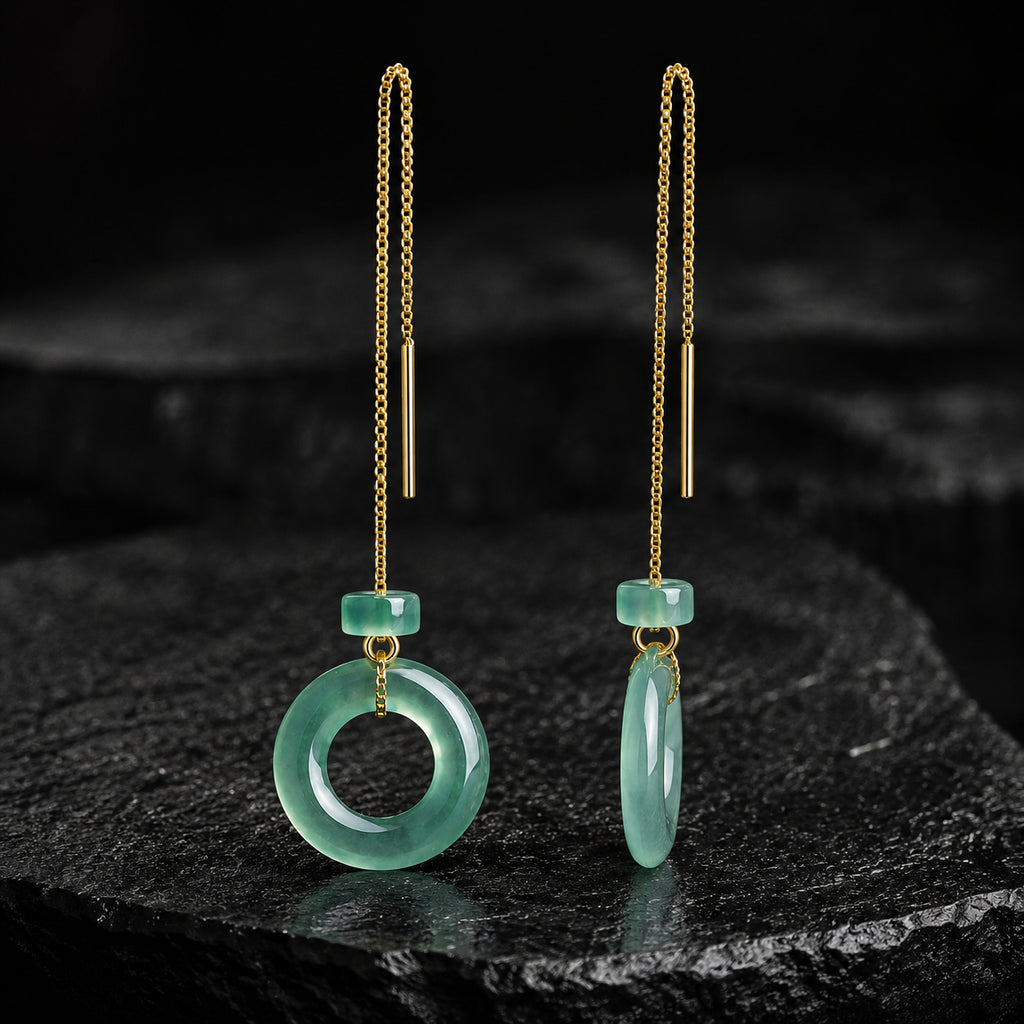 Green Jadeite Threader Earrings with Donut Charms